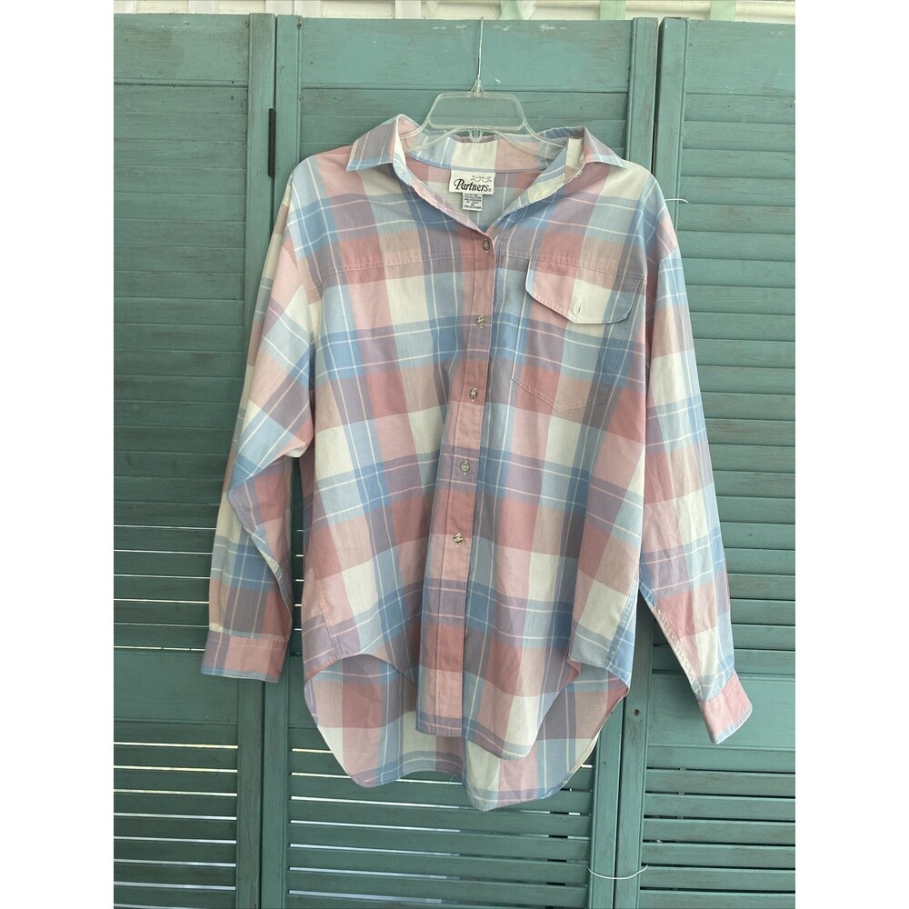 Partners Button Up Collared Shirt ~ Sz 16  ~ Pink & Blue Plaid ~ Long Sleeve